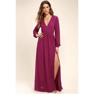 Lulus Fuchsia Long Sleeves Deep V Neck Front Slit Flowy Skirt Maxi Dress Medium
